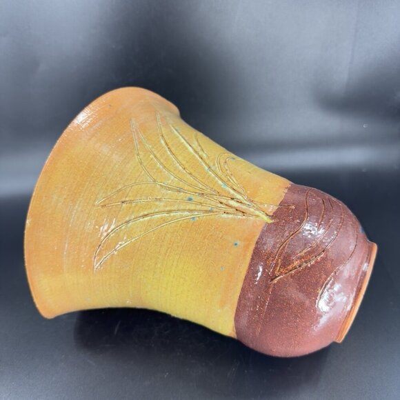 Vintage Oval Hand Made Studio Pottery Vase Etched RedWare Pottery Vessel Vase - Picture 8 of 16